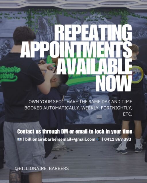 Own your spot! Whether it’s 10am every Friday, or 4pm on a Tuesday every 4 weeks. Shoot us a message and we will create your own repeat appointment so you never miss out on a fresh cut. If you need to reschedule or cancel it’s super easy. Log into your square account and change the appointment or contact us! ✅💪